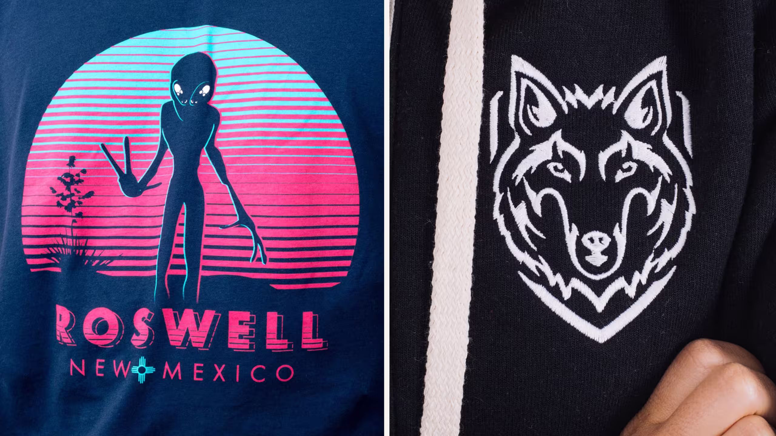 two images put together, left is a light blue and pink screen print of an alien on a navy t-shirt, the right is a white wolf embroidery on a black hoodie