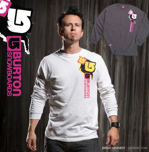 Jeremy Dennedy with a white crewneck sweatshirt with Burton Logo Jeremy Dennedy with a white crewneck sweatshirt with Burton Logo